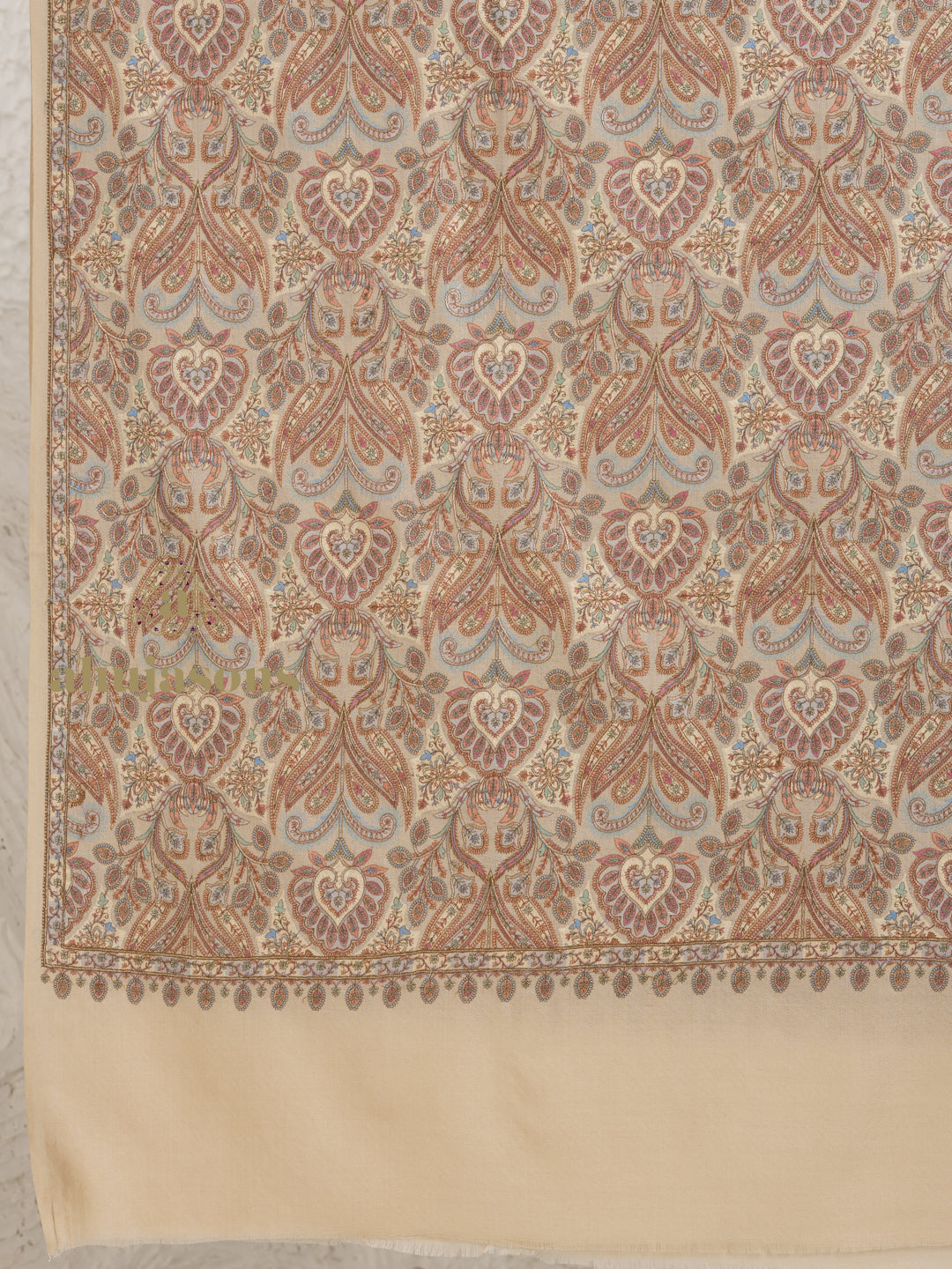 Beige Woollen Shawl adorned with sublime Full Jama Embroidery