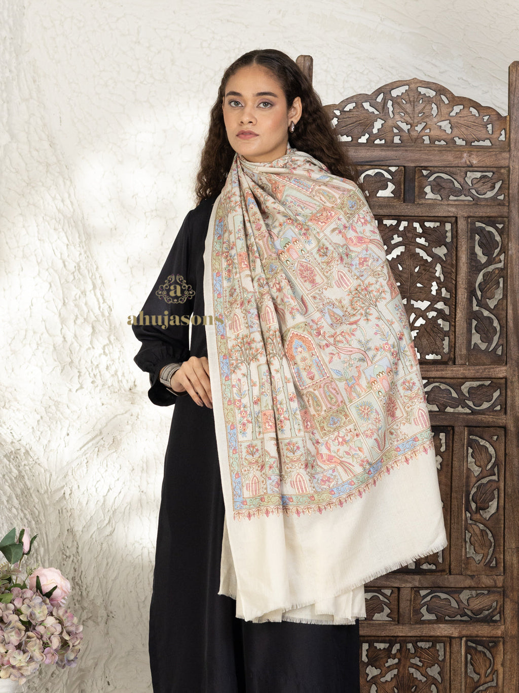 Beige Woollen Shawl — Full Jama Embroidery Woollen in ornate finish
