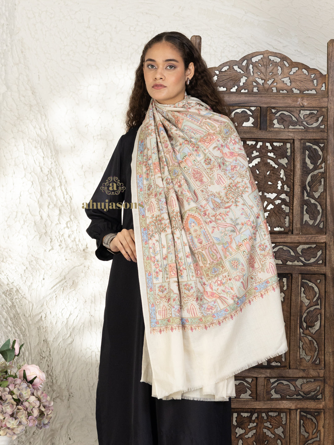 Beige Woollen Shawl — Full Jama Embroidery Woollen in ornate finish