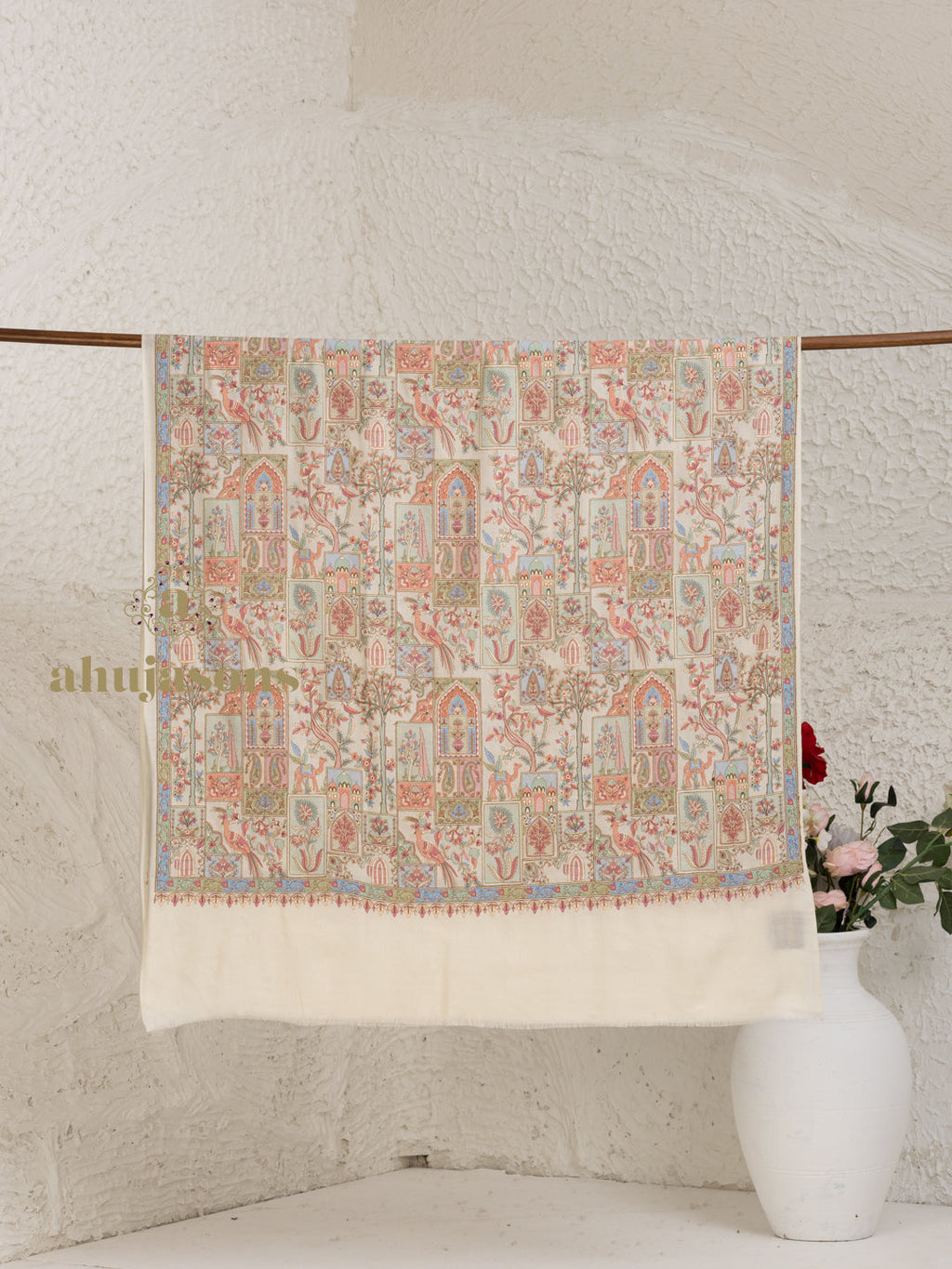 Beige Woollen Shawl — Full Jama Embroidery Woollen in ornate finish
