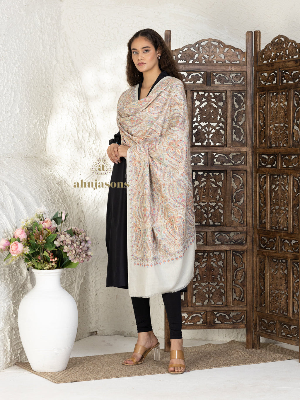 Beige Woollen Shawl highlighted by Full Jama Embroidery