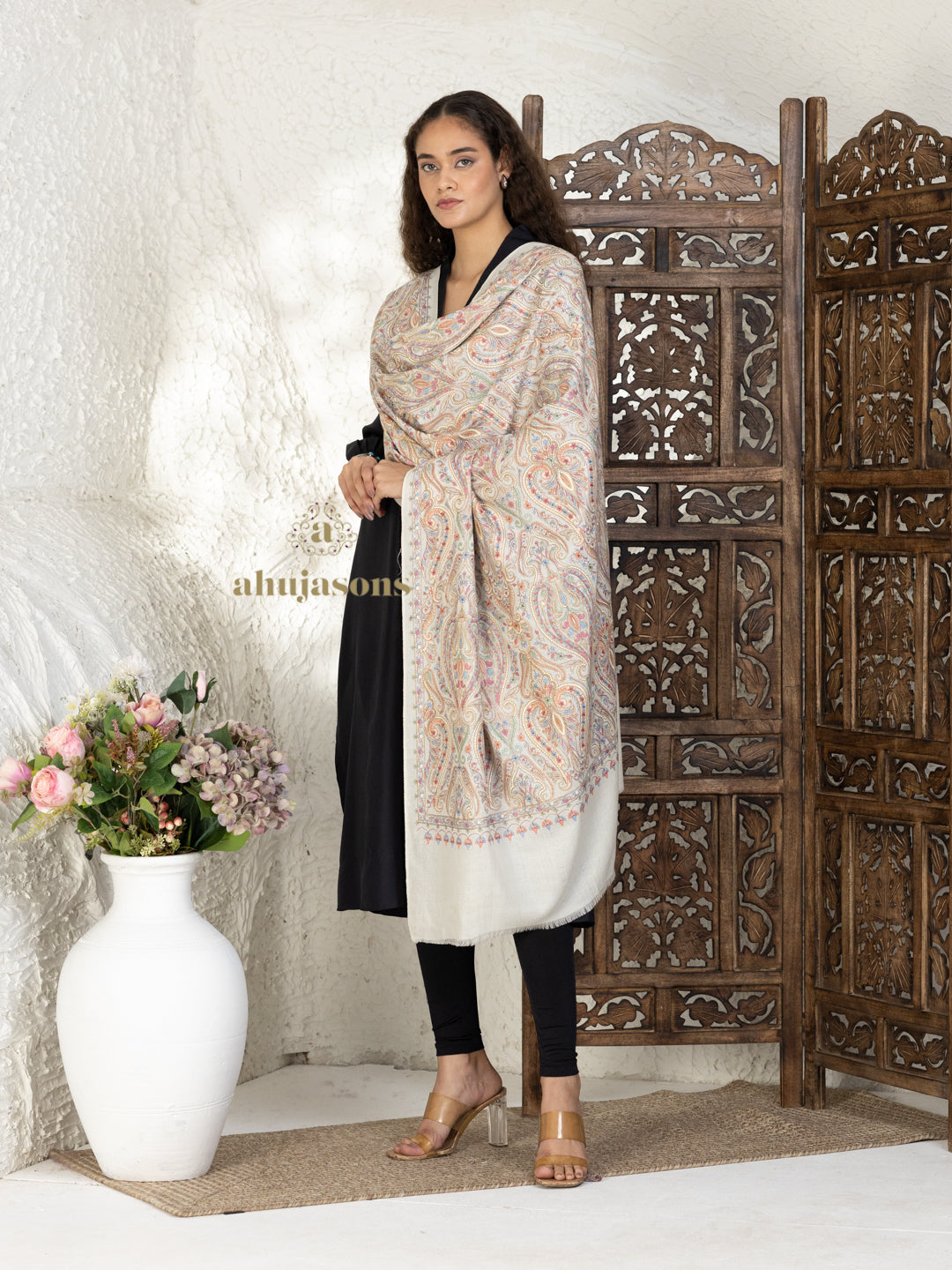 Beige Woollen Shawl highlighted by Full Jama Embroidery