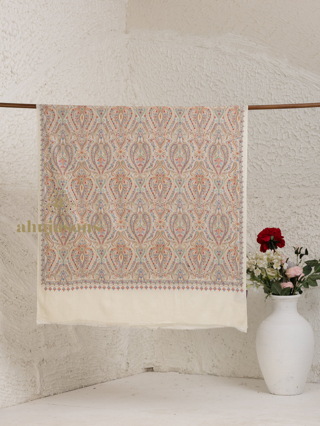 Beige Woollen Shawl highlighted by Full Jama Embroidery