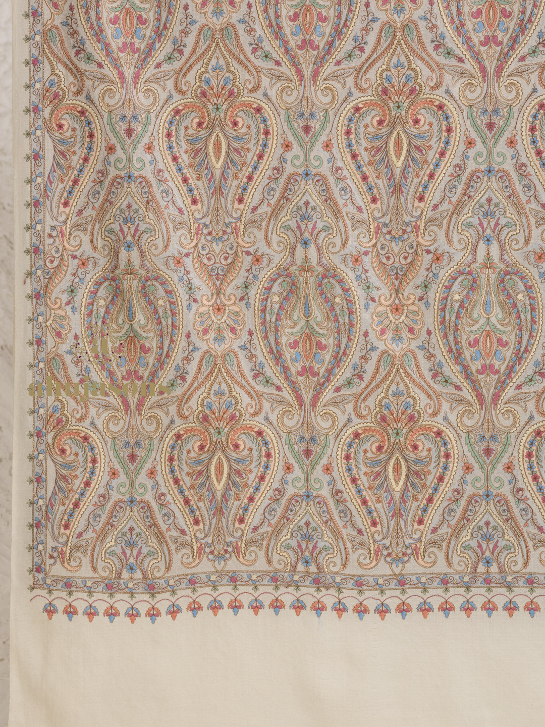 Beige Woollen Shawl highlighted by Full Jama Embroidery