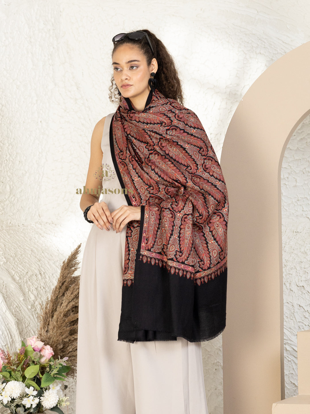 Black Woollen Shawl rendered in masterful Full Jama Embroidery