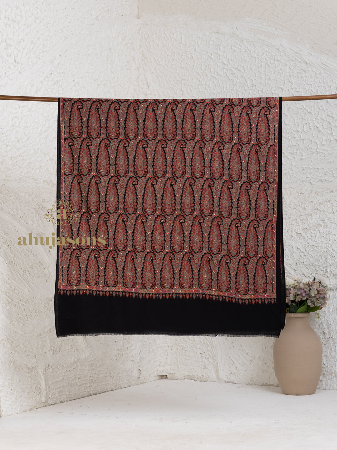 Black Woollen Shawl rendered in masterful Full Jama Embroidery