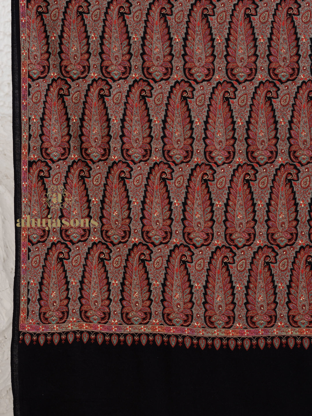 Black Woollen Shawl rendered in masterful Full Jama Embroidery