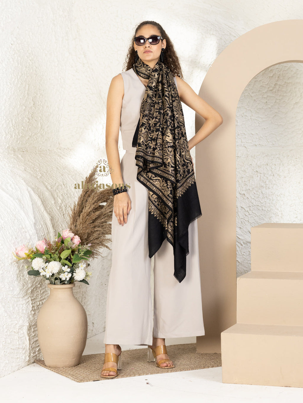 Black Woollen Shawl — Signature Full Jama Embroidery