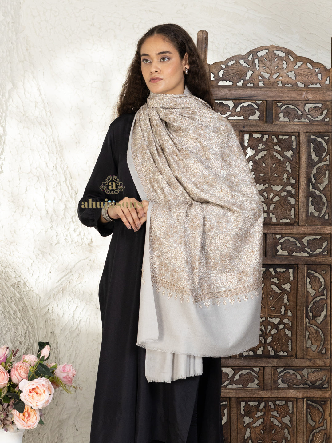 Beige Woollen Shawl — Full Jama Embroidery Woollen in sublime finish