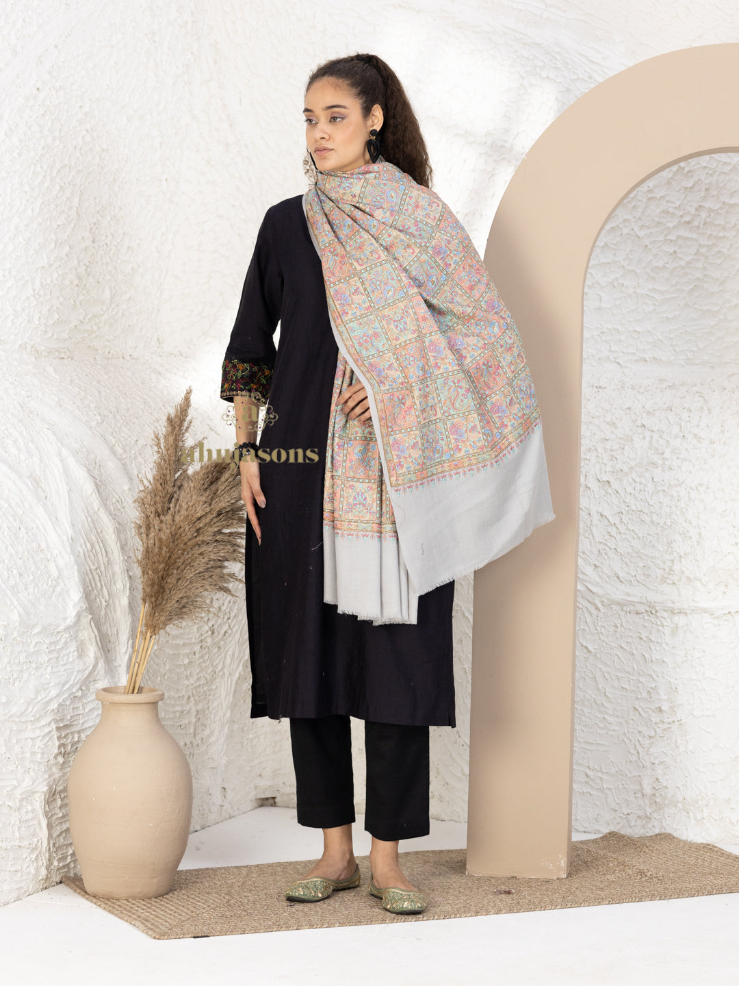Beige Woollen Shawl showcasing artisanal Full Jama Embroidery