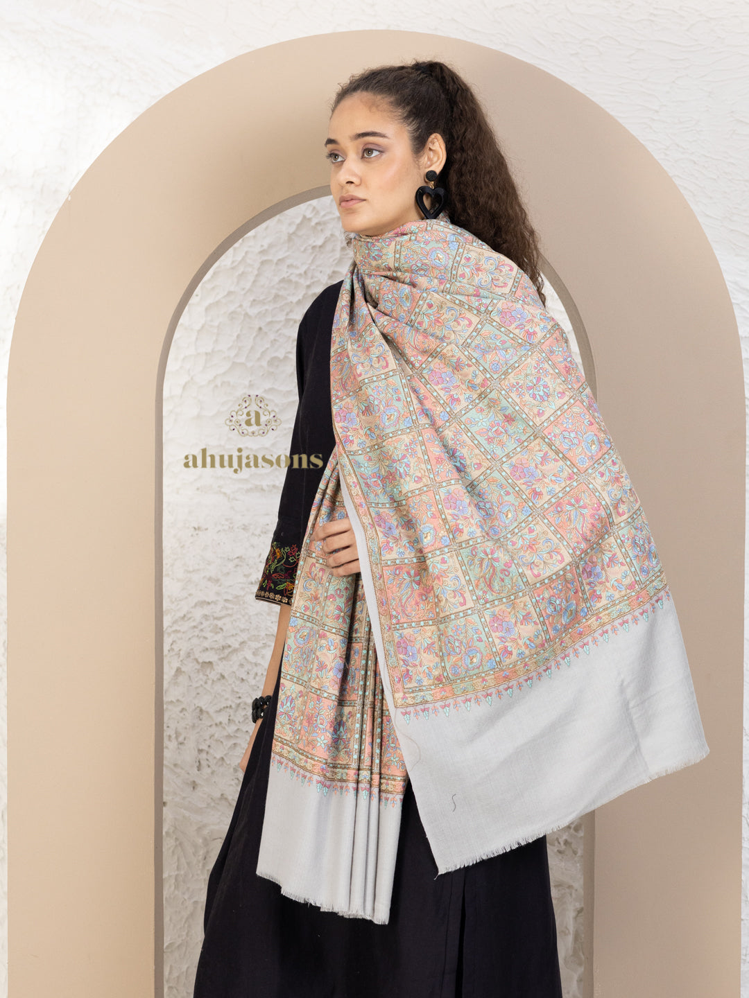 Beige Woollen Shawl showcasing artisanal Full Jama Embroidery