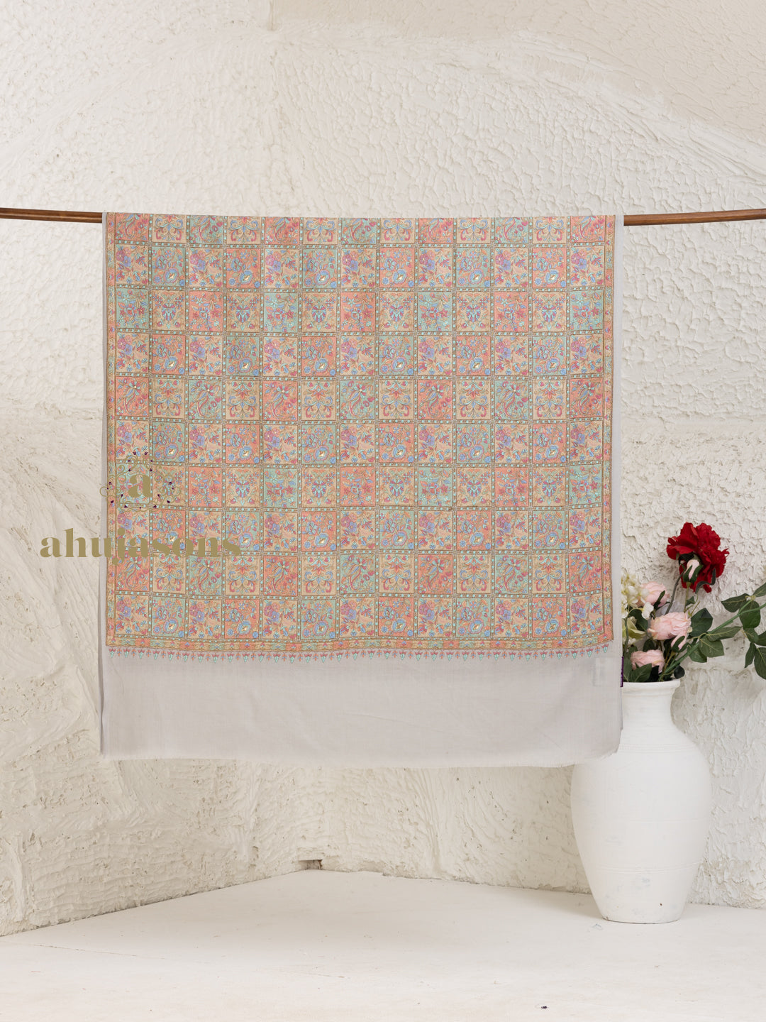 Beige Woollen Shawl showcasing artisanal Full Jama Embroidery