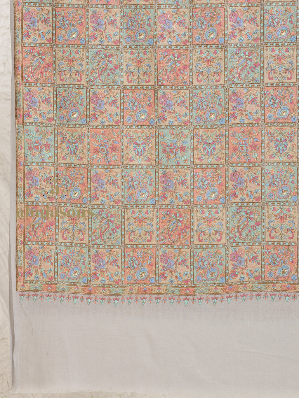 Beige Woollen Shawl showcasing artisanal Full Jama Embroidery