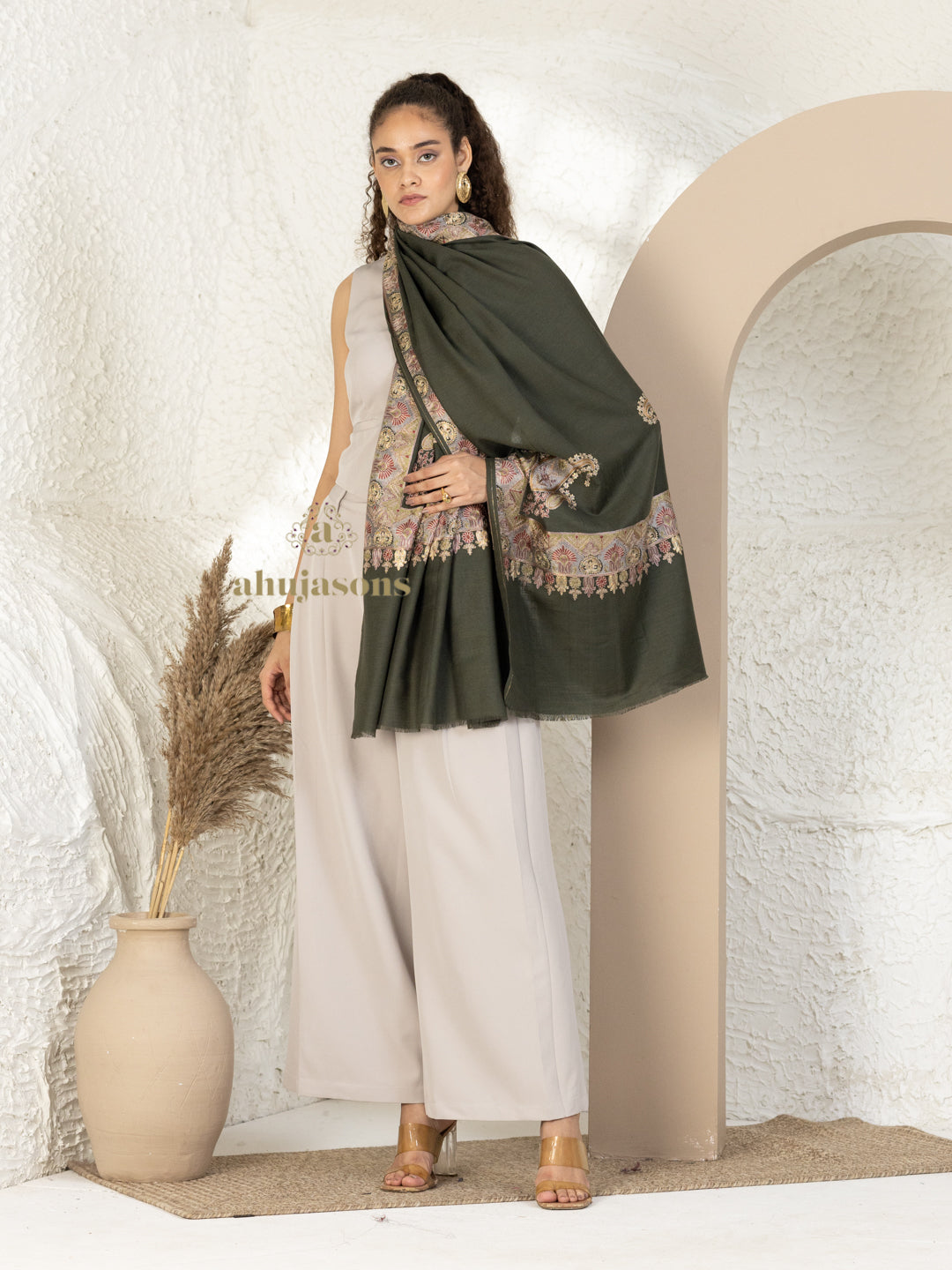 Black Woollen Stole — Fancy Border in elegant finish