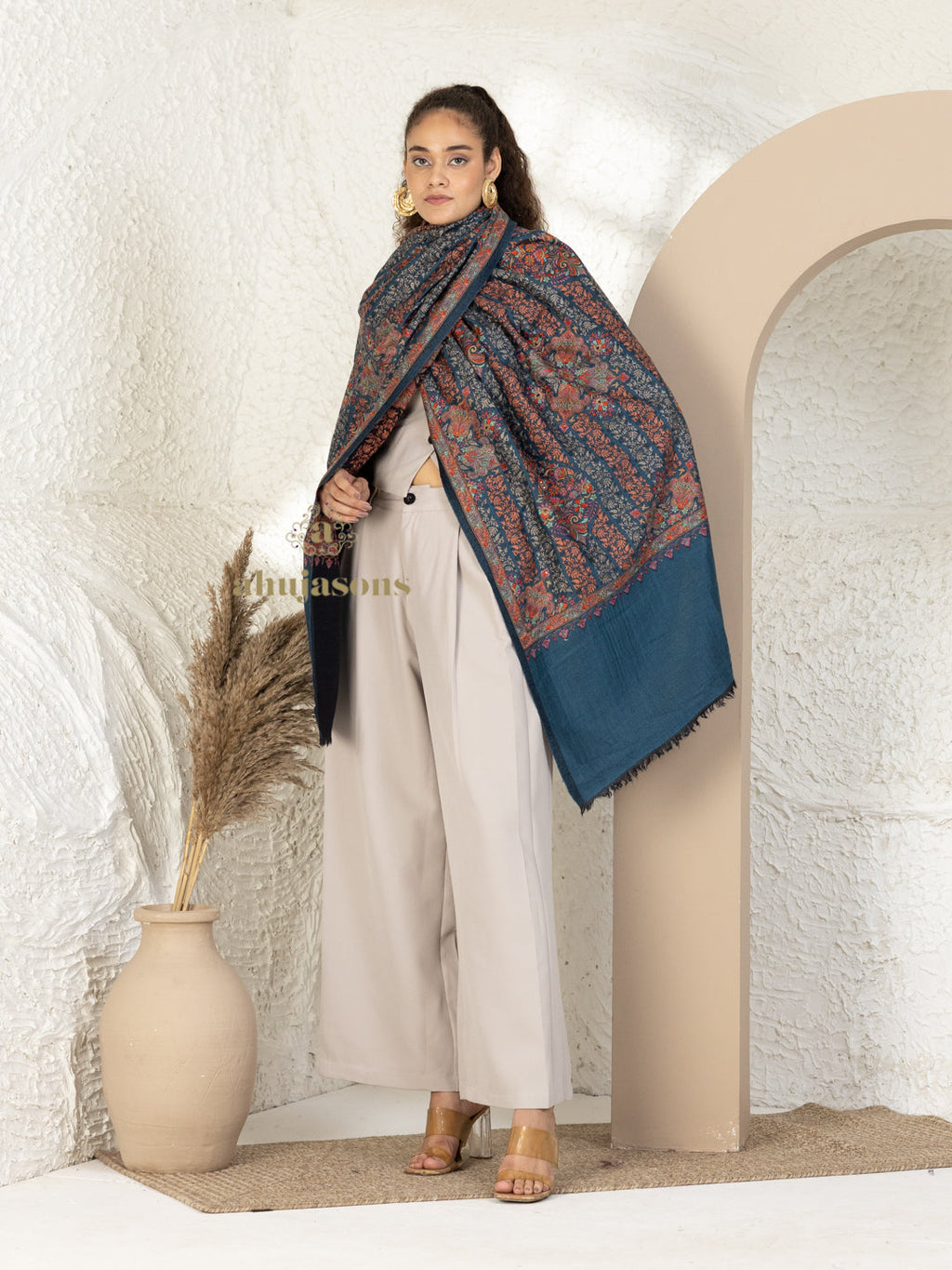 Blue Woollen Shawl — Hand-finished Jama