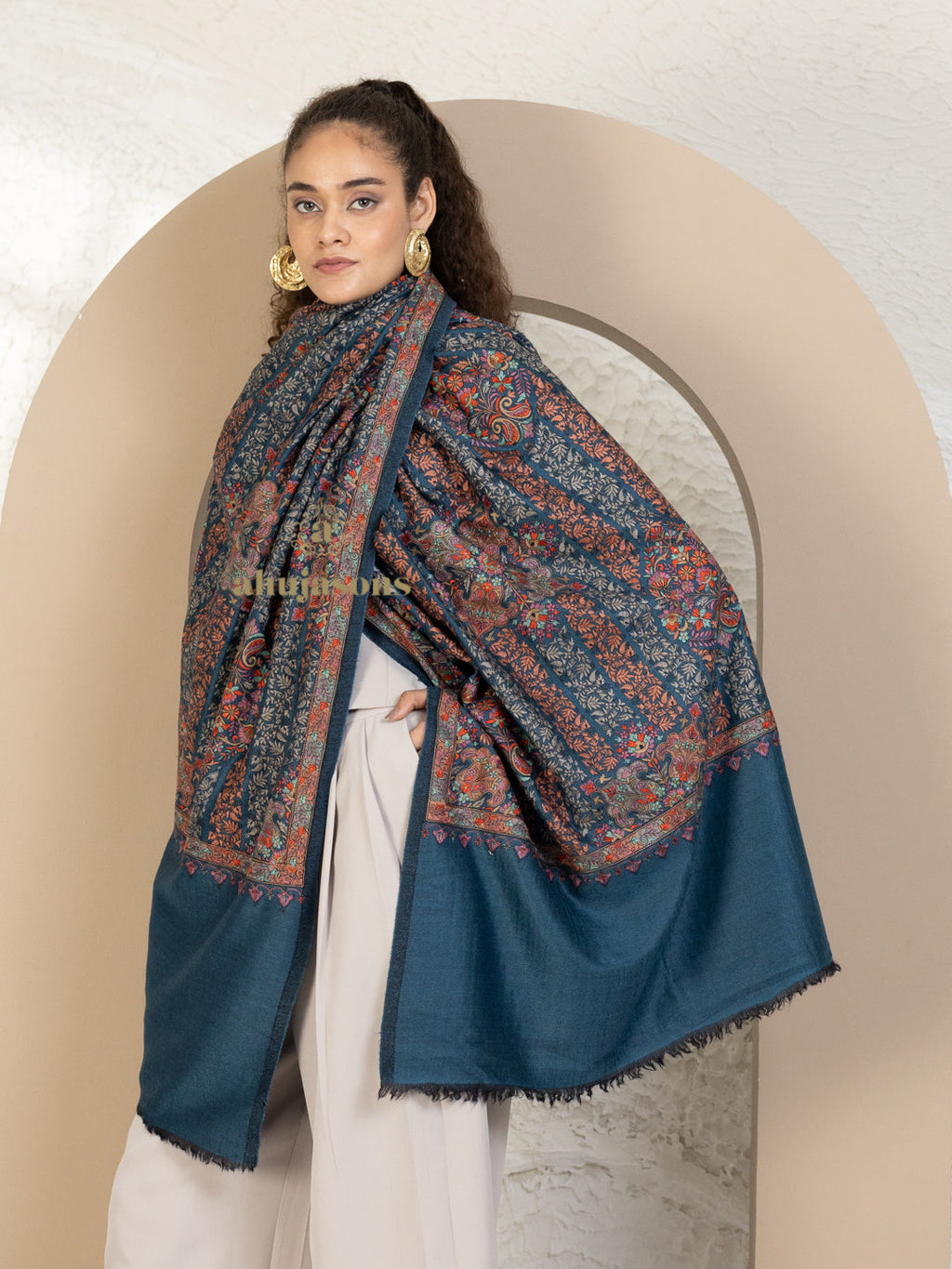 Blue Woollen Shawl — Hand-finished Jama