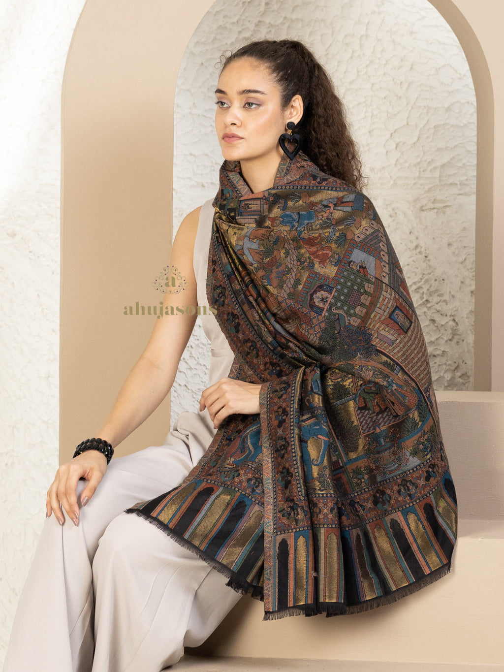 Black Woollen Shawl — Artisanal Kalamkari