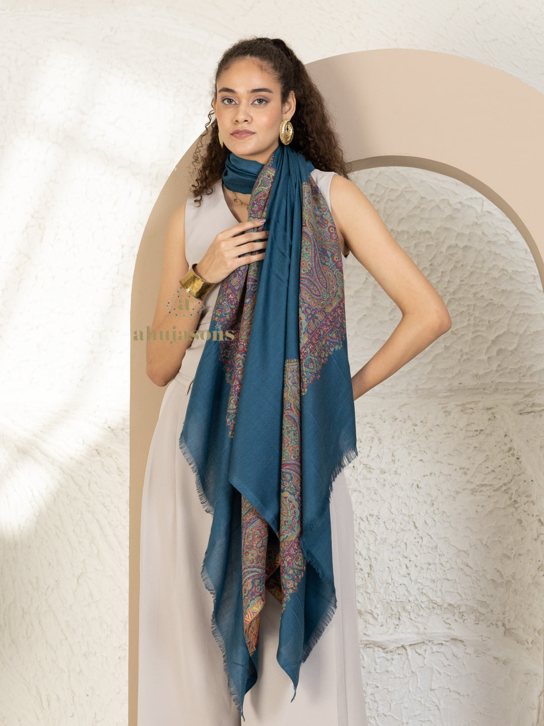 Blue Woollen Shawl rendered in ornate Palla Woollen detailing