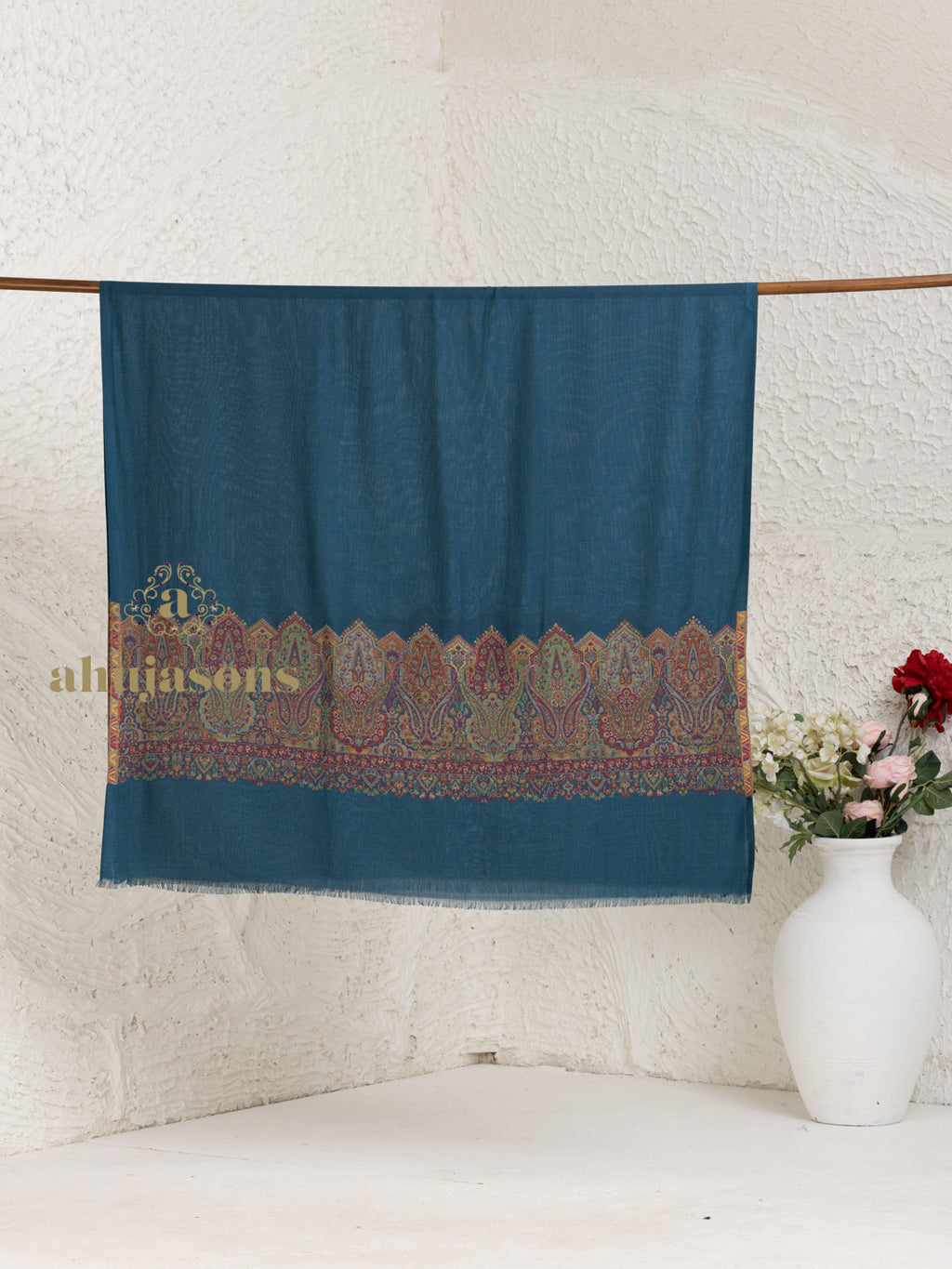 Blue Woollen Shawl rendered in ornate Palla Woollen detailing