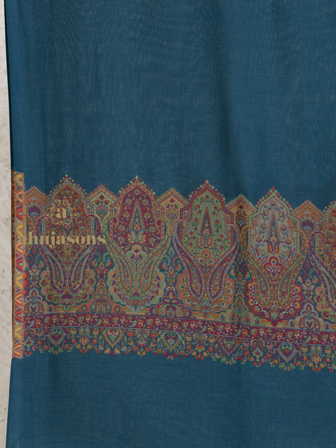 Blue Woollen Shawl rendered in ornate Palla Woollen detailing
