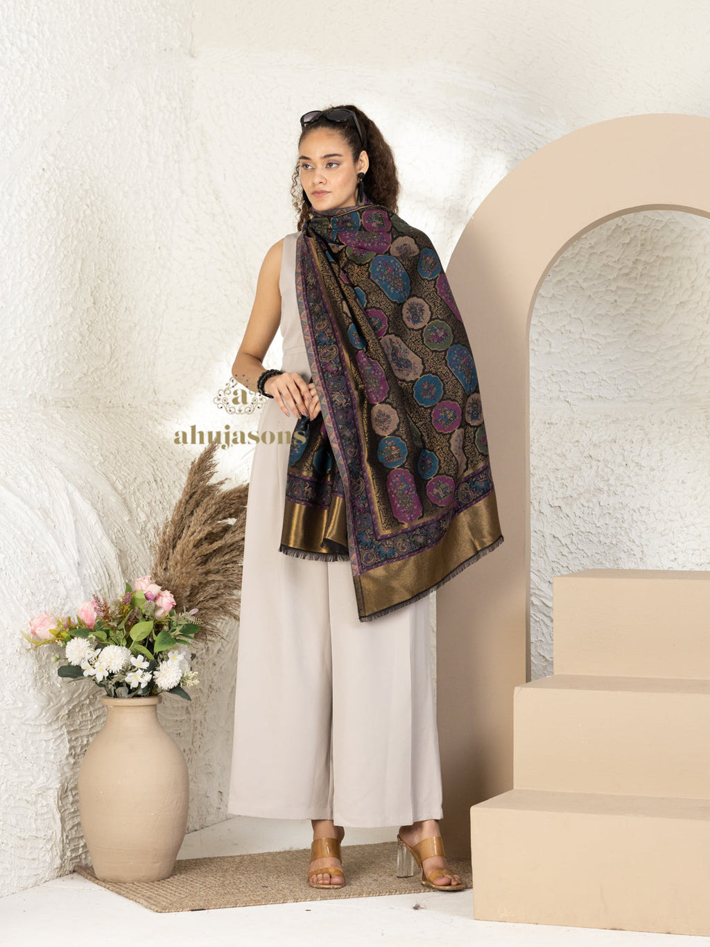 Black Woollen Shawl with Kaani Weave With Zari