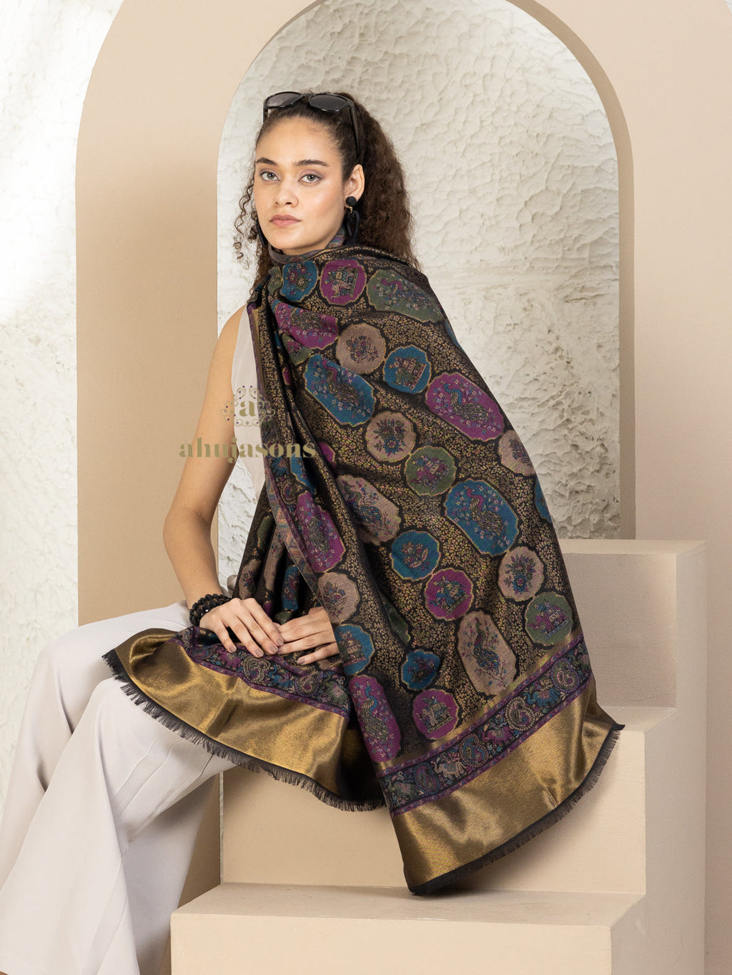 Black Woollen Shawl with Kaani Weave With Zari