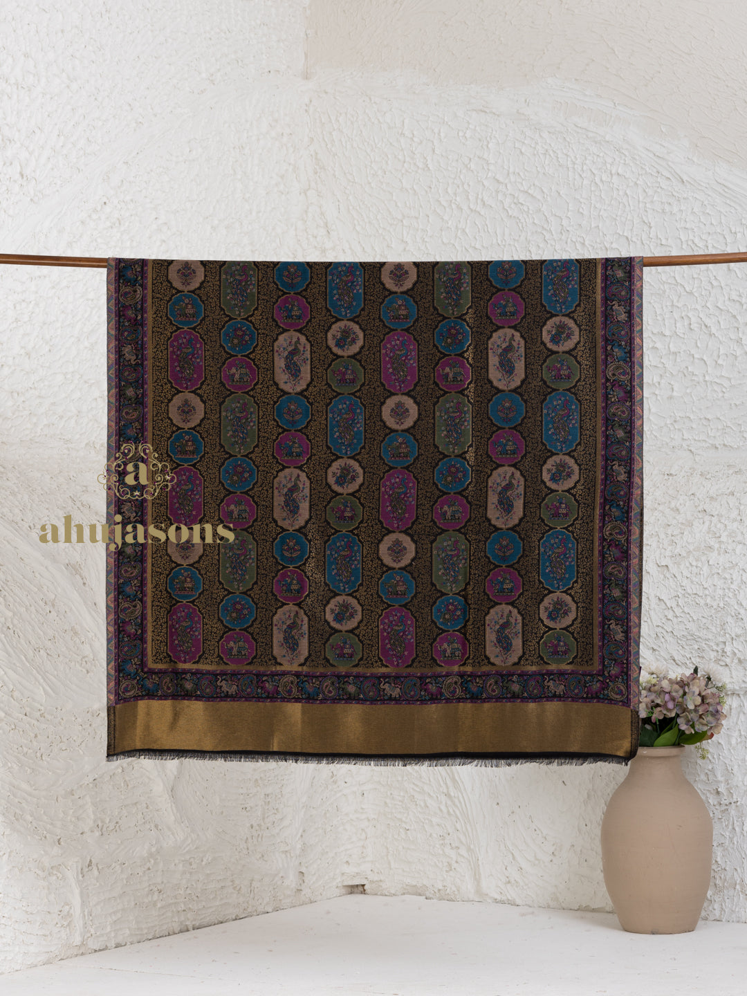 Black Woollen Shawl with Kaani Weave With Zari