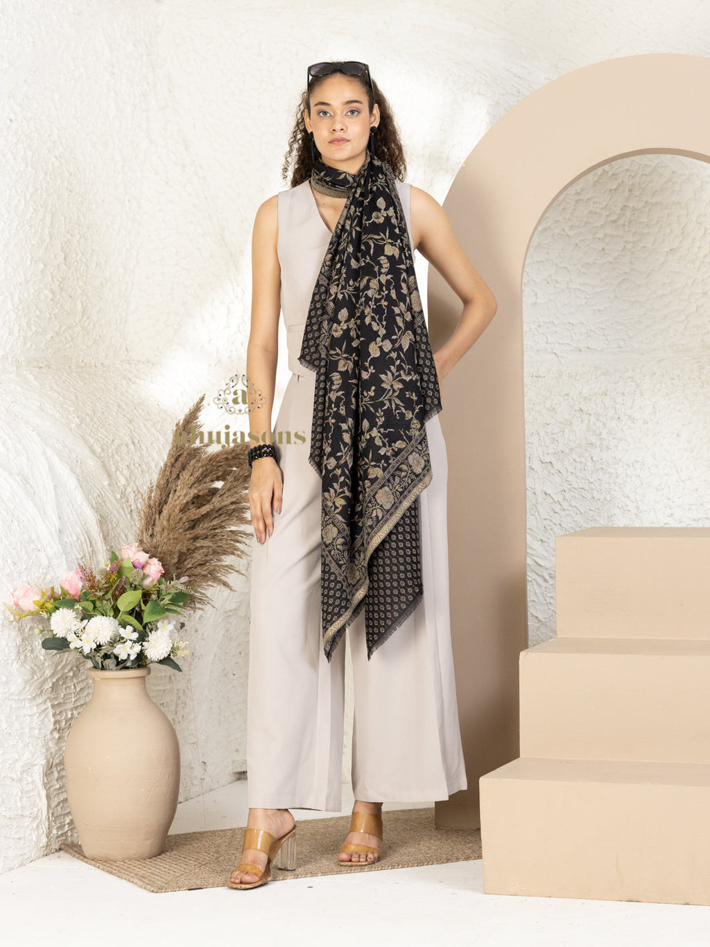 Black Woollen Shawl rendered in masterful Kaani Weave