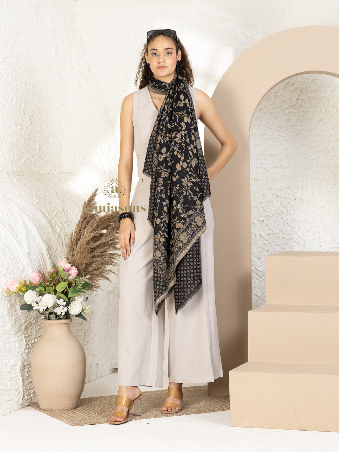 Black Woollen Shawl rendered in masterful Kaani Weave