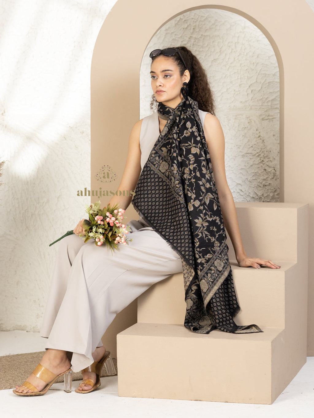 Black Woollen Shawl rendered in masterful Kaani Weave
