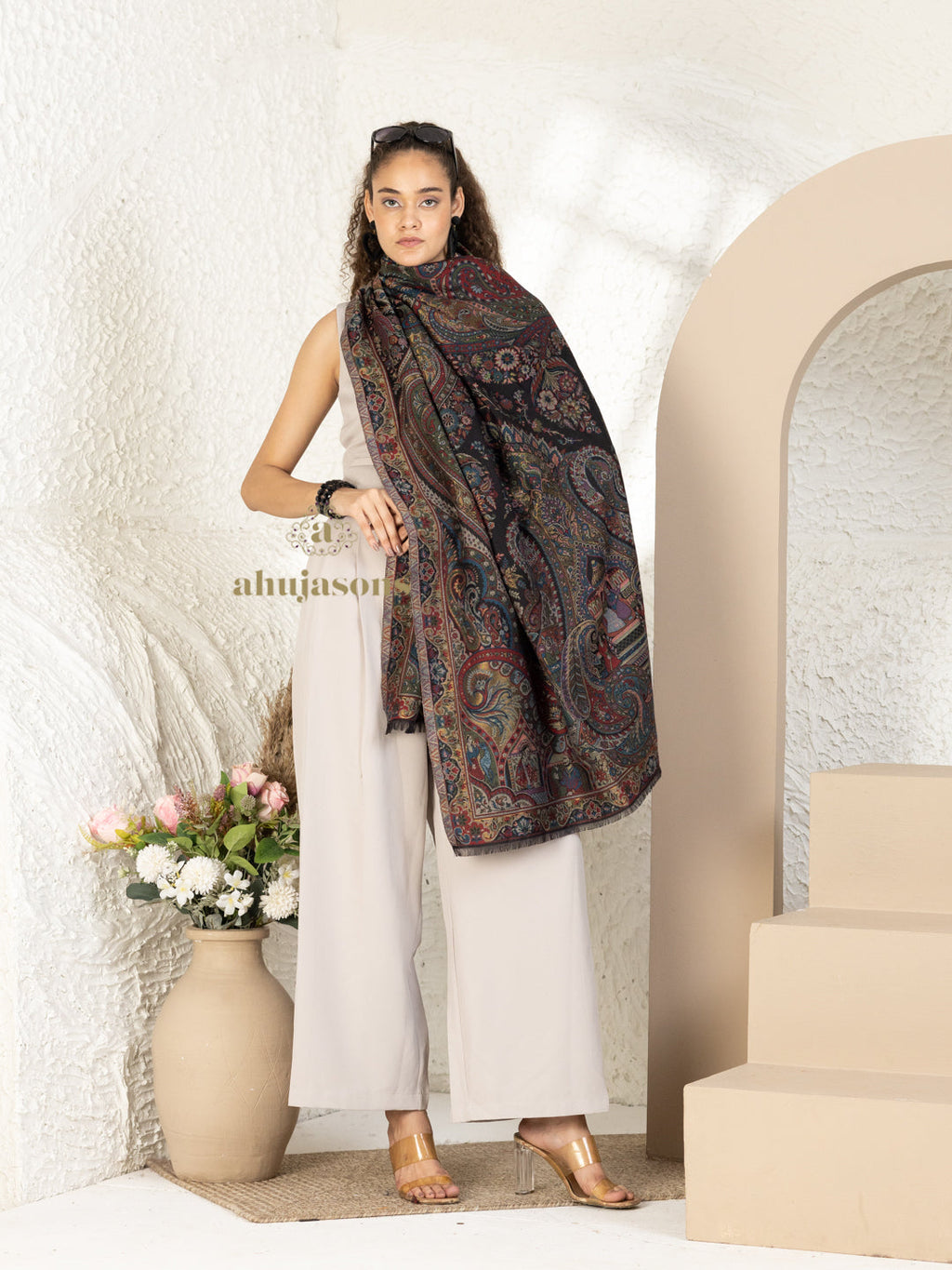 Black Woollen Shawl adorned with hand-finished Kaani Weave With Zari Woollen detailing