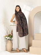 Black Woollen Shawl adorned with hand-finished Kaani Weave With Zari Woollen detailing