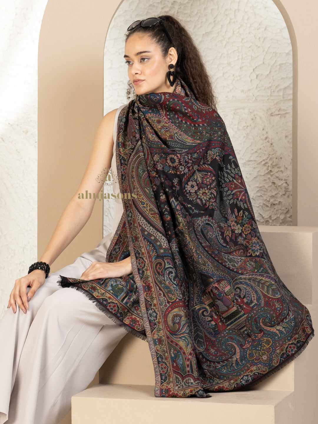 Black Woollen Shawl adorned with hand-finished Kaani Weave With Zari Woollen detailing