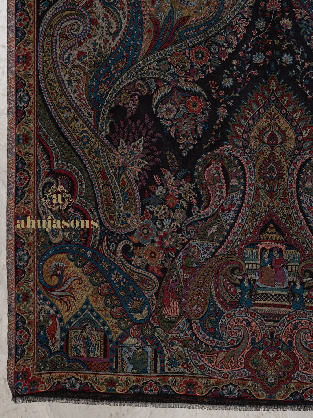 Black Woollen Shawl adorned with hand-finished Kaani Weave With Zari Woollen detailing