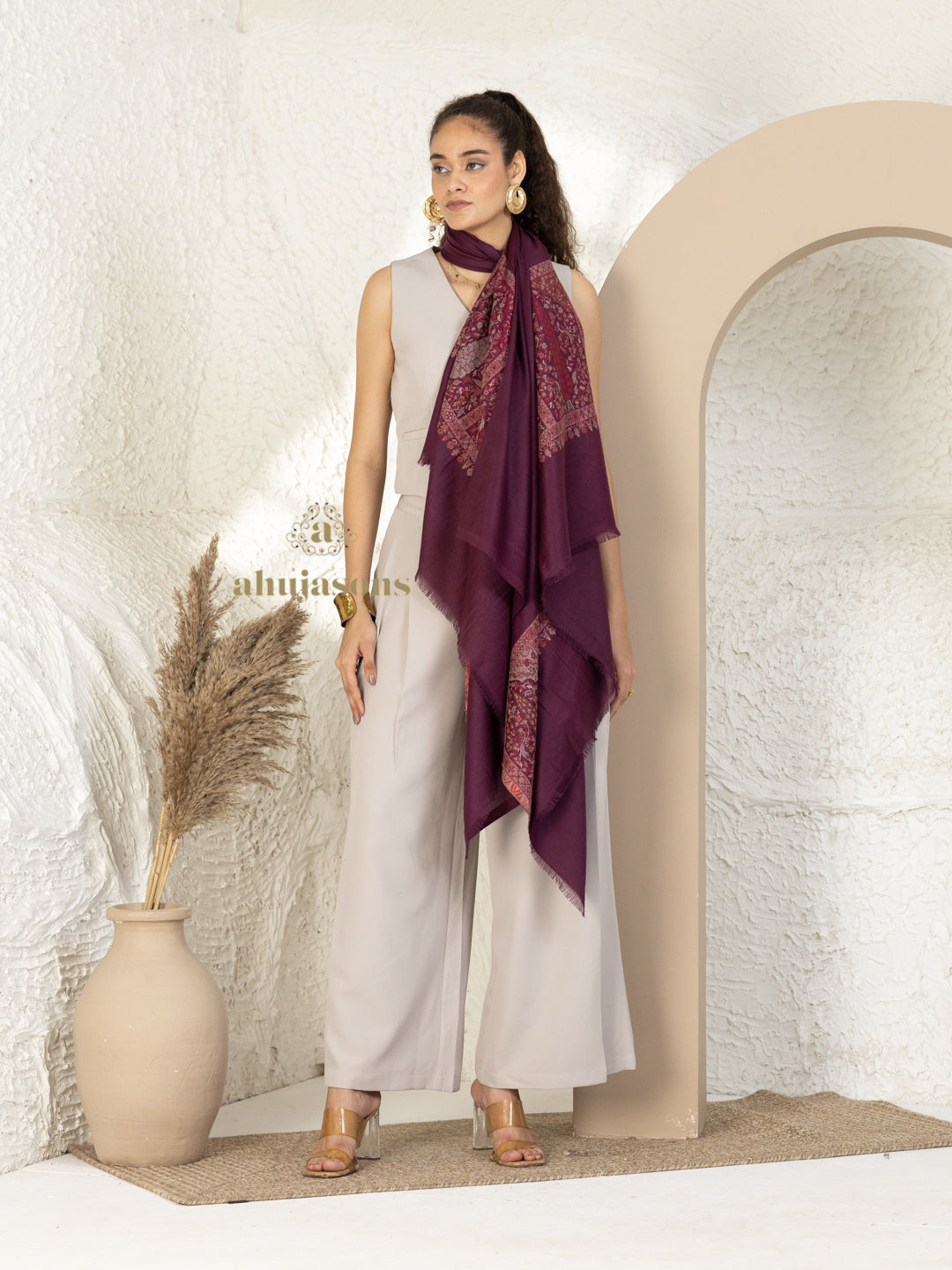 Dark Pink Woollen Shawl accented by masterful Kaani Weave On Palla Woollen detailing