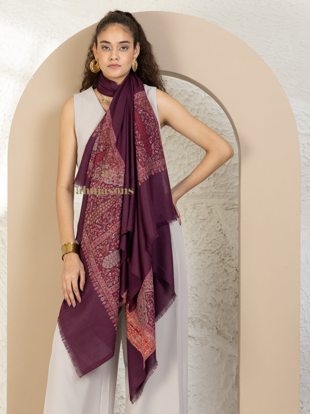 Dark Pink Woollen Shawl accented by masterful Kaani Weave On Palla Woollen detailing