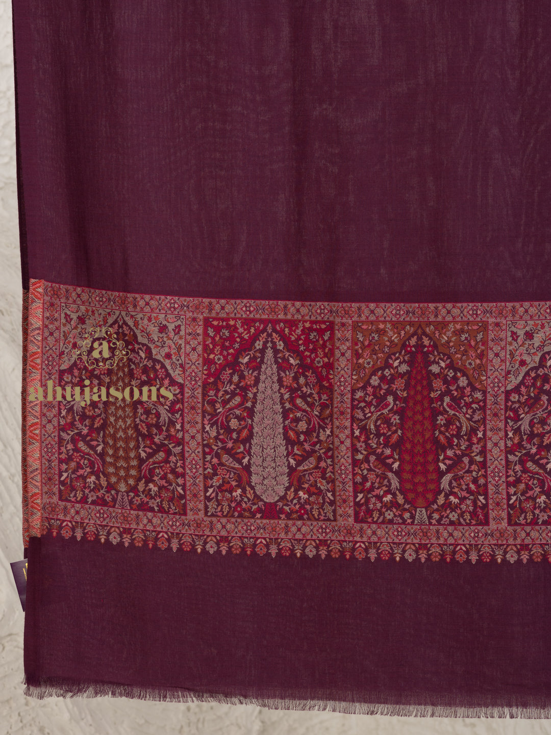 Dark Pink Woollen Shawl accented by masterful Kaani Weave On Palla Woollen detailing