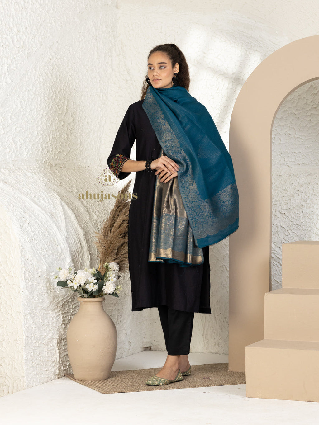 Blue Woollen Shawl showcasing Moonlight Pattern