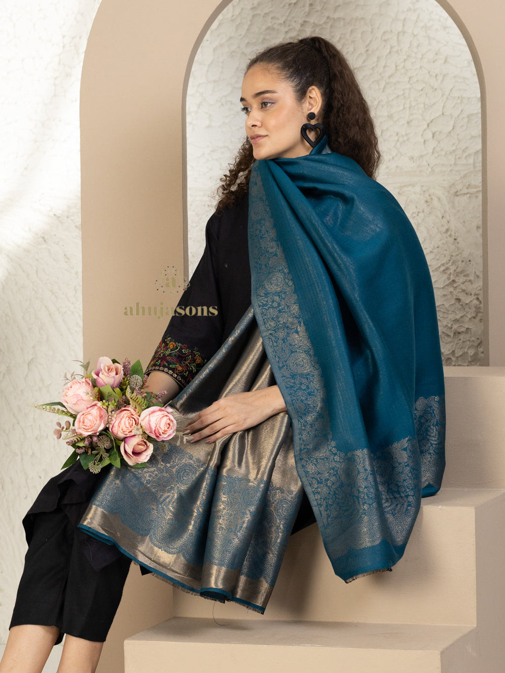 Blue Woollen Shawl showcasing Moonlight Pattern