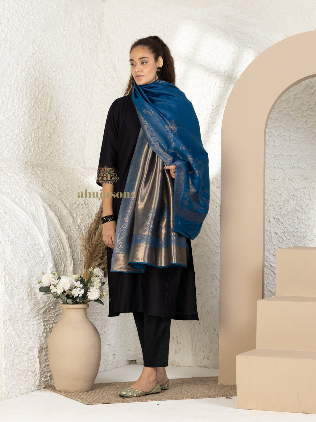 Blue Woollen Shawl adorned with elegant Moonlight Pattern Woollen detailing