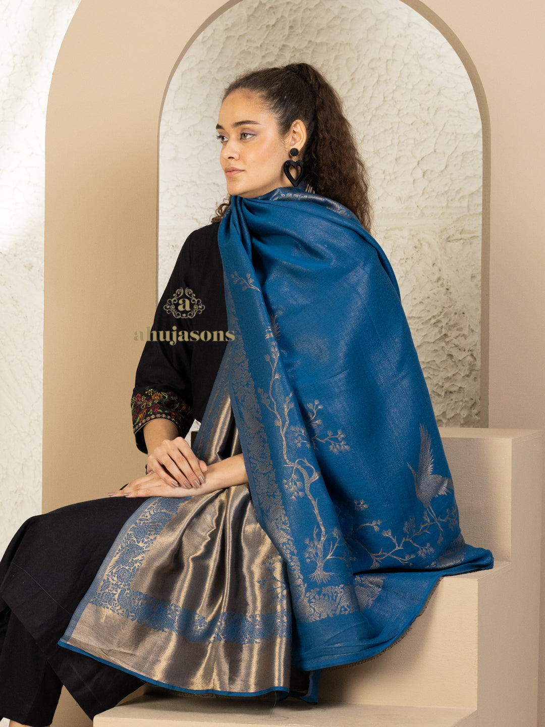 Blue Woollen Shawl adorned with elegant Moonlight Pattern Woollen detailing