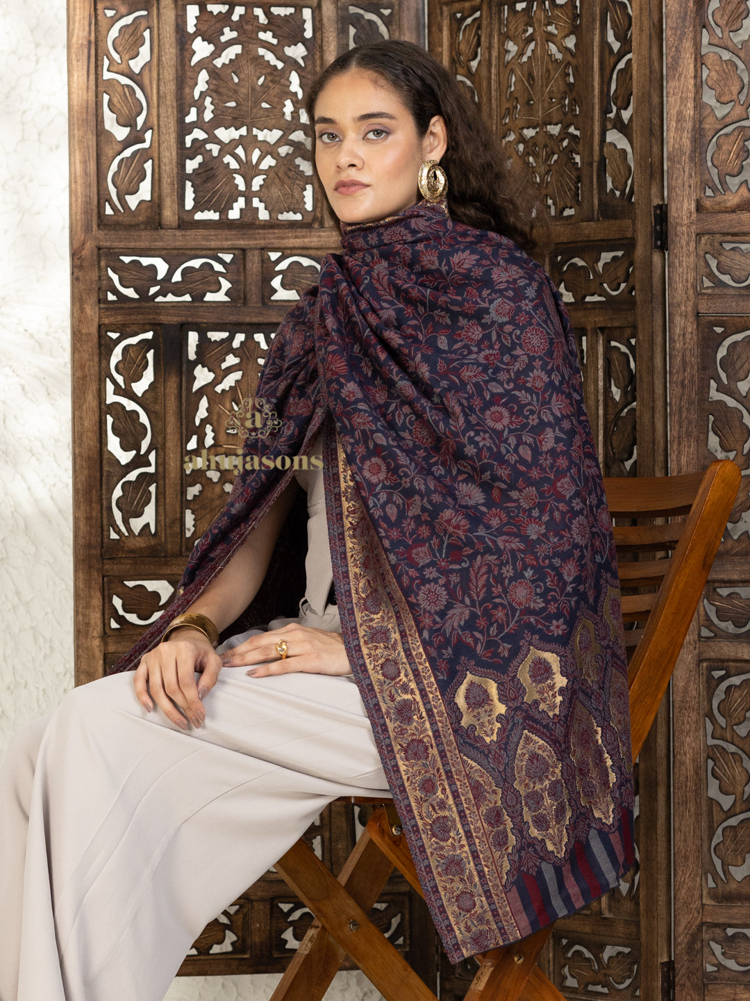 Blue Woollen Shawl adorned with Kaani Weave With Zari
