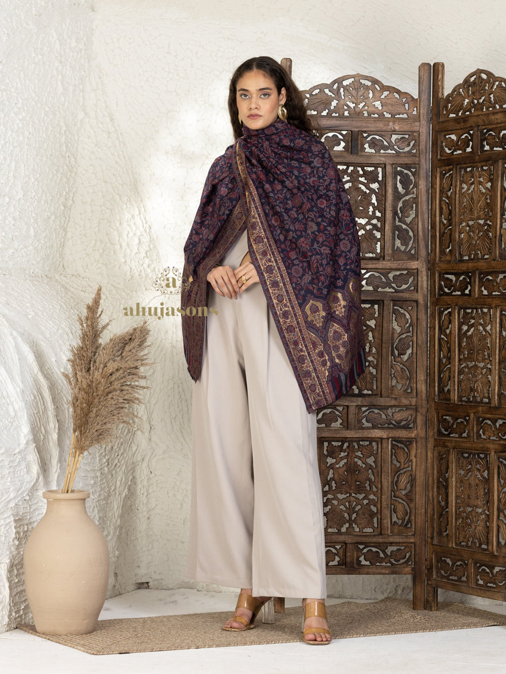 Blue Woollen Shawl adorned with Kaani Weave With Zari