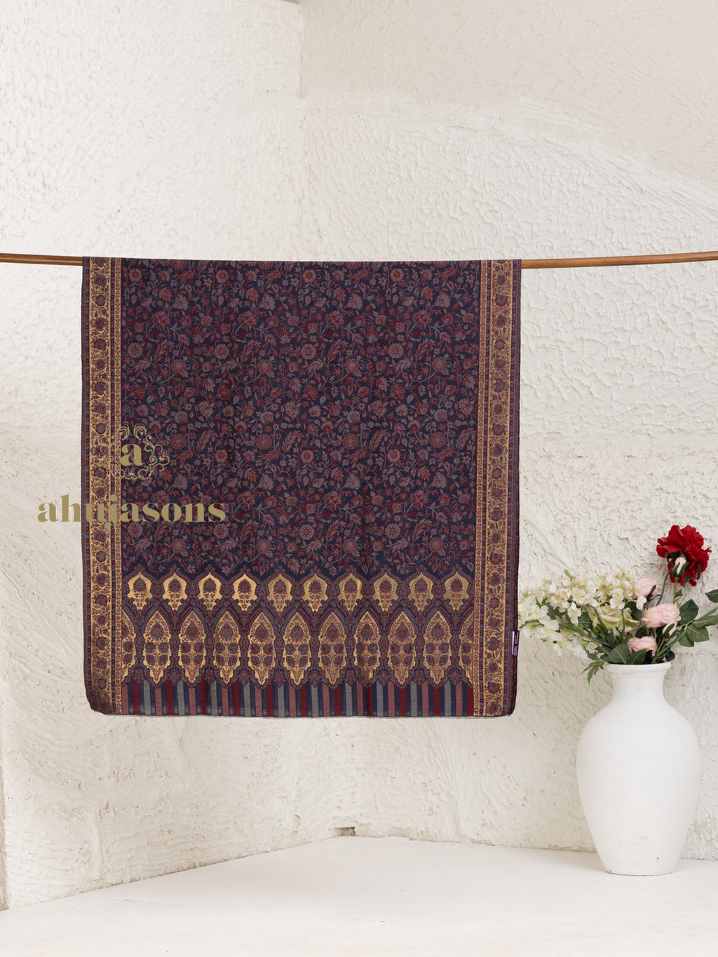 Blue Woollen Shawl adorned with Kaani Weave With Zari