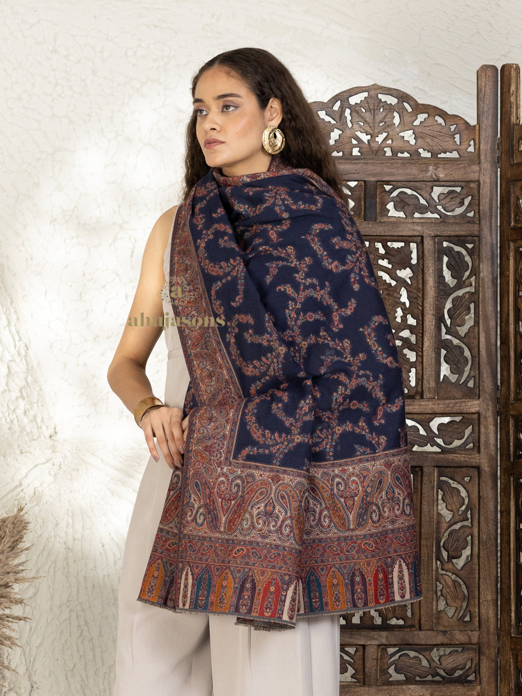 Blue Woollen Shawl — Elegant Kaani Weave