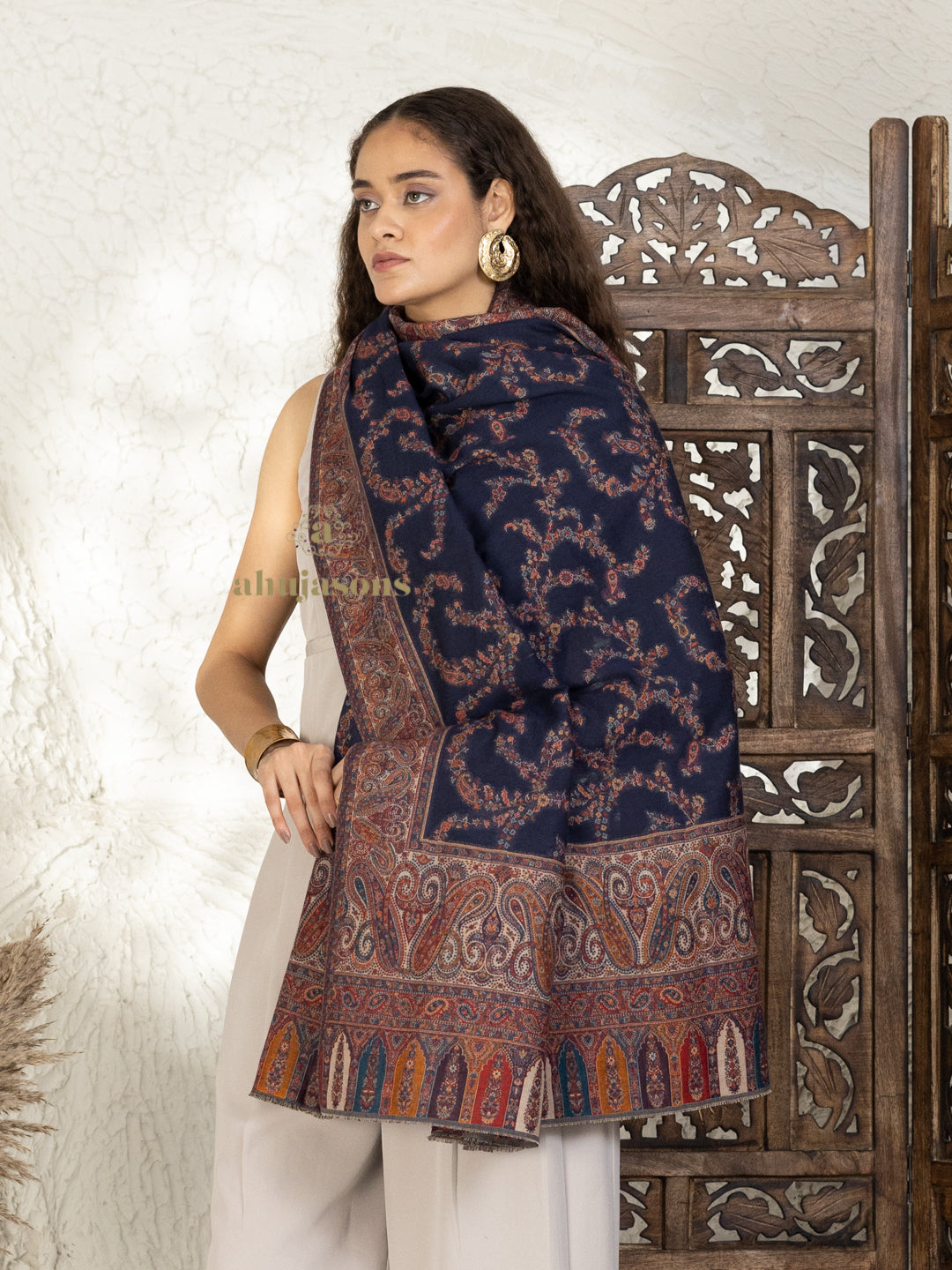 Blue Woollen Shawl — Elegant Kaani Weave