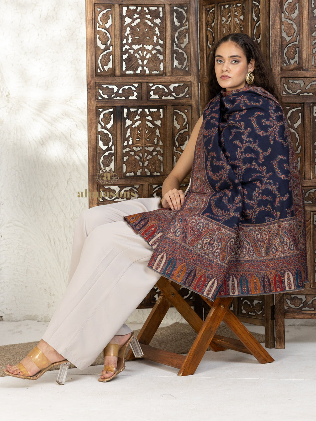 Blue Woollen Shawl — Elegant Kaani Weave