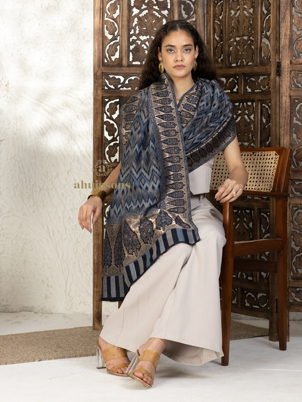 Blue Woollen Shawl — Kaani Weave With Zari Woollen in intricate finish