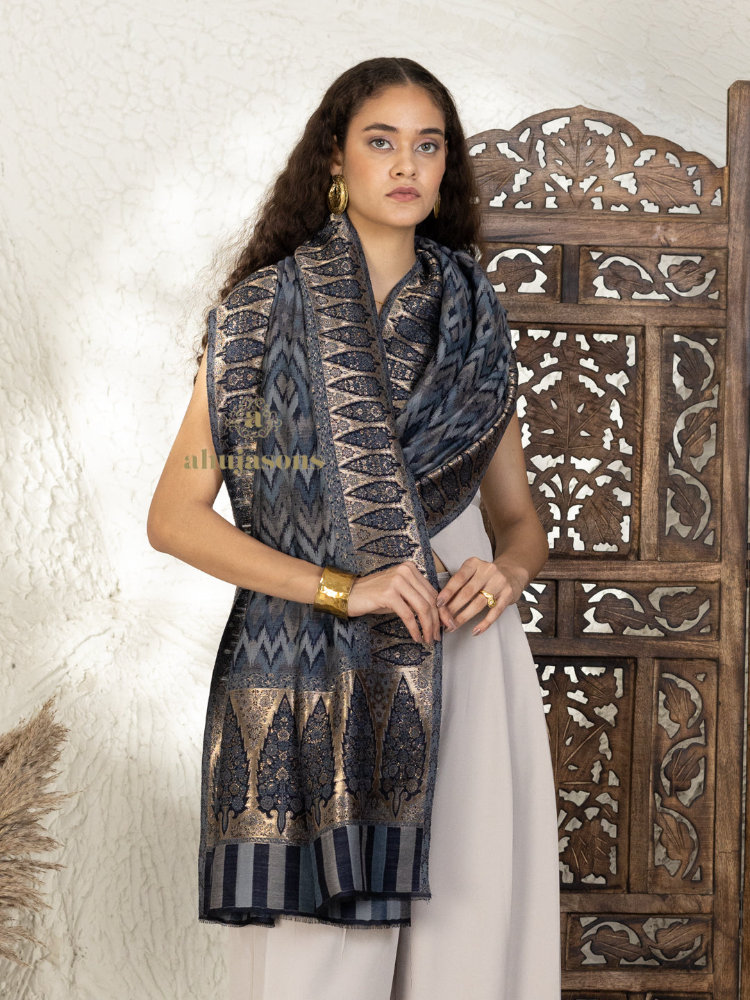 Blue Woollen Shawl — Kaani Weave With Zari Woollen in intricate finish