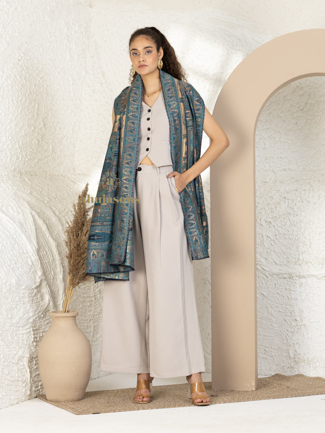 Blue Woollen Shawl — Kaani Weave With Zari Woollen in sublime finish